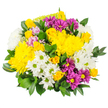 The image shows a lush, dome-shaped bouquet that seems to glow with positivity, built around a harmonious palette of yellows, whites, and purples. At the forefront are generous yellow chrysanthemums, their rounded, densely petalled heads creating a strong focal point and a sense of warmth, like late afternoon sun falling over the streets of Epping. Some of these blooms are open wide, while others remain partially closed, adding visual variety and a feeling of gentle progression. Nestled between them, yellow spray roses appear in various stages, from tight, hopeful buds to more open, swirling rosettes, lending a romantic softness and a slightly more refined texture. Interspersed throughout, white spray chrysanthemums with pale green centres act as bright highlights, their daisy-like faces introducing a calm, refreshing note that keeps the bouquet from feeling too heavy. Deep magenta and purple daisy-style flowers are strategically placed to add contrast and depth, their vivid petals framing yellow centres that echo the rest of the arrangement and create a lively rhythm for the eye to follow. Subtle touches of pastel pink or lavender blossoms are tucked here and there, barely noticeable at first glance yet vital in rounding out the colour story. All of this is embraced by an ample collar of dark green, glossy foliage, likely Ruscus or Salal, which anchors the composition and gives it a satisfying fullness. The leaves' smooth, deep-green surfaces highlight the brightness of the petals and suggest crisp freshness, as if the bouquet had just been prepared for a same-day delivery to a cosy home near Epping Forest, ready to bring joy, encouragement, or a cheerful thinking of you to someone special.