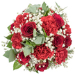 This image shows a lavish, dome-shaped bouquet of red flowers captured from above, the arrangement isolated cleanly against a bright white background so every bloom appears vivid and precise. At its core are classic deep red roses, each one a tightly coiled spiral of velvety petals that gradually open towards a darker, more secretive centre, creating a sense of depth and intimate romance. Interwoven around these roses, red carnations in various stages of bloom provide generous volume; their frilled, multi-layered petals form soft, textured clusters that make the bouquet look full, plush, and inviting. Delicate sprays of white baby's breath are scattered throughout, their tiny, cloud-like blossoms floating between the richer reds, softening the overall palette and lending the whole piece a gentle, dreamlike quality. Cool eucalyptus foliage, with its smooth, round, silvery-green leaves, peeks between the flowers, adding a modern touch and a subtle hint of woodland freshness that calls to mind the green edges around Epping and the paths leading towards the forest. Darker green leaves from the roses and other greenery act as a lush understory, framing the brighter petals and reinforcing the bouquet's rounded, carefully sculpted shape. The expert craftsmanship is evident in the even distribution of colour and texture, making this arrangement feel ideal for marking a special moment-a proposal, an anniversary, or a romantic gesture delivered to a home near Bower Hill or Ivy Chimneys. Bathed in clear, even light, the bouquet radiates warmth, passion, and thoughtful care, reflecting the skill of a dedicated local florist.