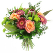 Set against a spotless white background, this lavish hand-tied bouquet looks like a radiant cloud of colour, as if it has just been arranged in a studio off Epping's bustling High Street. At its core, generous peach and salmon-pink roses unfold in layered spirals, each petal softly curled and slightly ruffled, blending from gentle apricot and cream at the edges into richer coral and warm orange in the centres. Weaving between the roses, deep magenta and burgundy gerbera daisies add a sophisticated drama; their slim, elongated petals circle around lighter, textured central disks that seem to capture and hold the light. A standout feature is the impressive King Protea set towards the upper section of the bouquet, its sturdy, tapered bracts arranged in an artichoke-like form, shaded in maroon and dusky mauve with blush-pink tips, giving the whole arrangement a modern, sculptural presence. Punctuating the design, bright lime-green Santini chrysanthemums pop up in clusters, their compact, spherical blooms adding zest, freshness, and a fun, tactile quality. The bouquet is finished with an abundance of foliage, including broad, glossy dark leaves that frame the flowers, slender grass-like blades that create a sense of movement, and sprigs of rounded eucalyptus leaves in cool bluish-green tones, suggesting a gentle, aromatic freshness. At the base, neatly trimmed stems are tightly bound, reinforcing the sense of a carefully crafted gift ready for flower delivery across Epping. With its warm palette and full, rounded shape, this bouquet is perfectly suited for birthdays, anniversaries, thank-you messages, or simply sending a heartfelt smile to someone special nearby.