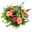 A generously proportioned hand-tied bouquet is shown set against a clean, white background, allowing its warm colours and intricate textures to take centre stage. At the core, large roses in shades of peach and soft apricot open in layered, velvety spirals, suggesting tenderness and quiet celebration. Encircling them are Gerbera daisies in deep burgundy and magenta, with dusty rose tones threaded through, their bold, daisy-like forms and contrasting golden centres adding cheer and depth. Near the top of the arrangement, an impressive protea acts as a natural focal point, its conical head built from firm, layered bracts in maroon and earthy red, creating an exotic, almost sculptural presence. Scattered throughout the bouquet are numerous lime-green button chrysanthemums, forming lively, spherical pompons that brighten the palette and echo the fresh greens you might see in local Epping gardens after rain. Lush foliage frames and supports the flowers: smooth, glossy leaves catch the light, slender grassy blades add movement, and soft eucalyptus sprigs introduce a hint of silvery green and a fresh, woodland fragrance. The stems are gathered tightly and bound at the base, clearly visible and slightly fanned, making it easy to imagine this bouquet being placed straight into a clear vase on a windowsill overlooking the streets near Epping Underground station or a dining table off High Road. The overall design feels both contemporary and timeless, ideal for marking birthdays, milestones, or simply bringing a sense of abundant, natural beauty into an everyday Epping home.