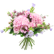 The photograph captures a romantic, hand-tied bouquet that feels as if it has just been brought in from a calm garden on the outskirts of Epping, set against a pure white background that emphasises every shade of pink and lavender. At its heart, two large, rounded heads of soft pink hydrangea form plush focal points, their countless tiny petals packed closely together to create a pillowy, textured surface. Clustered around and between these hydrangeas are light pink roses, some fully open with perfectly formed spiral centres, others still tucked into graceful buds that suggest the bouquet will continue to evolve over the next few days. Rising gently from the arrangement are delicate, bell-shaped blooms in pastel lilac and soft purple, likely campanula or a similar bellflower, their nodding cups adding a whimsical, airy touch much like the wildflowers seen along pathways near Epping Forest. Smaller accents of deeper pink and fuchsia filler flowers, resembling waxflower or miniature phlox, are scattered throughout, bringing fine texture and lively contrast without overpowering the softer tones. Fresh green foliage and slender, unopened buds cradle the blossoms, lending both structure and a sense of natural movement, as though the stems have been loosely gathered straight from a local garden. The visible stems are carefully tied and cleanly trimmed at the base, ready to be slipped into a clear glass vase on a table near Epping High Street or in a cosy home close to the station. Radiating tenderness and gentle joy, this bouquet is well suited to birthdays, Mother's Day, quiet celebrations, or sending a thoughtful gesture of love and appreciation across Epping.