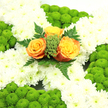 In this photograph, a dignified floral cross is shown from above, its careful craftsmanship clear in every bloom. The entire outline of the cross is filled with pristine white chrysanthemums, placed close together so their soft, layered petals merge into a smooth, cloudlike surface. At the centre, where the arms of the cross meet, three roses open gently, their petals tinted in a rich gradient from deep orange at the base to lighter apricot and soft golden yellow at the tips. These warm hues lend a quiet glow, like the last light over Epping's church spires on an autumn evening. Encircling the roses, short sprigs of fresh green foliage, perhaps small buds or berries, bring a touch of youthful energy to the composition. Behind and between these accents, slender fern fronds curve outward, giving the arrangement a graceful frame and echoing the natural greenery of the lanes leading towards Epping Forest. Along the arms and lower stem of the cross, domes of lime-green button chrysanthemums rise above the white background, their tight, spherical heads adding both texture and a vibrant splash of colour. Together, the green, white, and orange tones subtly reflect the colours of the Irish national flag, suggesting that this design might be chosen to honour Irish heritage or a beloved family story. The overall impression is tender and respectful, a floral tribute that could rest peacefully in a chapel, at a graveside, or in a memorial space in Epping, quietly expressing love, faith, and remembrance when words are hard to find.