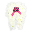 The photograph presents a tender angel-wing memorial arrangement, designed as a symbolic tribute for a funeral or remembrance service in Epping. Against a crisp white background, two angel wings stretch outward, built entirely from countless small, pristine white blossoms that resemble dainty chrysanthemums or spray carnations. Their petals overlap in tight layers, creating a plush, almost quilted texture that feels soft even to the imagination. The wings curve upwards in a graceful, protective shape, and along their outer edges, tufts of airy white feathers are woven through, giving the silhouette a downy, halo-like border that suggests purity, comfort, and a gentle spiritual presence. At the centre where both wings join, a round cluster of deep purple and violet flowers or foliage forms a striking contrast, adding depth and solemnity to the design. Resting on this darker base is a bold fuchsia satin ribbon, fashioned into a generous bow whose glossy loops and trailing ends drape elegantly across the white petals. Nestled in the very heart of this bow is a single pale pink rosebud, its soft blush tone and tightly wrapped petals symbolising innocence, grace, and a tender farewell. The lighting is soft and even, preserving the purity of the whites while allowing the purples and pinks to glow gently rather than shout. As a tribute created by an experienced florist serving the Epping community, this angel-wing design would be well suited for sympathy deliveries to family homes near the High Street or for display beside a coffin or urn, offering a visual message of love, peace, and enduring memory.