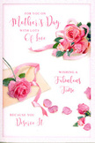 This Mother's Day card design resembles a delicate floral still life laid out on a white table in a calm Epping home, perhaps near the edge of Epping Forest. At its heart are several lush pink roses, their petals full and slightly ruffled, painted or printed so realistically that they convey the softness of real blooms freshly arranged by hand. The roses are clustered towards one corner, then taper out into smaller blossoms and loose petals that appear to drift across the card like gentle confetti. Each petal shows subtle shading-from blush and shell pink to a deeper rose tone-capturing the complexity of natural flowers at peak bloom. A soft, satin-like ribbon in a pale pastel pink loops through the central bouquet and trails off, adding a sense of movement and echoing the feel of a hand-tied arrangement. Above and beside the flowers, flowing calligraphy spells out a loving Mother's Day greeting, the letters tall and sweeping, with curves that feel as tender as the blooms themselves. The lighting is even and gentle, suggesting soft daylight, with barely-there shadows that keep the card feeling airy, fresh, and full of quiet warmth. Altogether, the image evokes the simple joy of presenting flowers and a handwritten card, like those delivered around Epping, Theydon Bois, and surrounding lanes on Mother's Day morning-a visual embrace that celebrates gratitude, rest, and the enduring comfort of a mother's love.