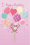 On a dreamy blush-pink background, a whimsical birthday celebration seems to float weightlessly, as if drifting above the rooftops of Epping. A lively cluster of pastel balloons rises from the centre, painted in soft hues of rose, sea green, butter yellow, and lavender that blend into one another like watercolours. Each balloon has a distinct personality: some swirl with candy-coloured stripes, others are sprinkled with playful polka dots, while floral and abstract patterns curl gracefully across a few surfaces. Just off-centre, a heart-shaped balloon radiates warmth, echoing the affection behind a thoughtfully chosen birthday card from a local florist. Below this parade of colour sits a charming bouquet, its flowers gathered closely together. Delicate roses and anemone-like blossoms in creamy ivory, blush pink, and gentle mauve nestle among fresh greenery, their petals feathery-soft and full, as if you could brush your fingertips across their velvety edges. The stems are neatly bound with a violet satin bow that gleams slightly, suggesting the careful touch of someone used to tying perfect birthday bouquets for homes along Epping High Street and Theydon Road. Scattered around the arrangement, tiny stars and butterflies drift like confetti caught in the air, enhancing the sense of lightness and fun. The whole composition feels like a spring morning turned into a picture: airy, sweet, and quietly joyful, capturing the spirit of a birthday that is meant to be bright, memorable, and filled with soft, floral charm.