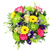 A vibrant, garden-style bouquet is captured against a crisp white background, making every colour appear vivid and true, as though the flowers have just been carried in from a walk along Epping's leafy lanes. The focal point is a cluster of hot pink roses with delicate white-edged petals, their blooms fully open, revealing layers of velvety spirals that feel rich and indulgent. Around them, bright yellow gerbera daisies with deep brown centres stand like small suns, their neat petals forming perfect circles that instantly lift the mood. Tucked closely beside them are lime green button chrysanthemums, rounded and softly textured, creating a lively, cushiony base that suggests fresh grass after rain. Threaded through the bouquet are sprays of tiny lavender-blue aster-style flowers and deeper purple, bell-like lisianthus or eustoma, which add cool, shadowed tones and a hint of romantic charm. The arrangement is framed by lush greenery in many shapes: long, smooth leaves, airy fern-like fronds, and a scattering of variegated stems edged in white that echo the pale rims of the roses. Slender green buds and shoots stretch outward beyond the main cluster, giving the bouquet a natural, slightly untamed energy, like a handpicked posy from a garden near Epping Forest. The light in the image is bright and even, showing off the fresh, almost dewy quality of each petal. Overall, the bouquet conveys an uplifting sense of joy and care, perfect for birthdays, thank-you gifts, gentle sympathy, or simply delivering a burst of colour and happiness to a home near Epping Station or along the High Road.