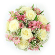 From directly above, this elegant bouquet appears as a flawless floral circle set against a bright white background, every detail clearly visible. The design is dominated by large, fully opened roses in velvety shades of creamy white and pale ivory, their petals forming refined spirals that speak of classic romance and careful craftsmanship. Between the roses, clusters of pink alstroemeria introduce a livelier note: each bloom is marked with fine, darker pink stripes and warmed by soft peach tones near the centre, creating a gentle contrast that feels both playful and sophisticated. Throughout the composition, countless tiny white flowers of baby's breath scatter like a delicate veil, lending a light, cloud-like softness that keeps the bouquet from feeling heavy despite its generous fullness. Pockets of deep green foliage peek out between blooms, echoing the fresh greens of local Epping gardens and providing a natural frame that makes the ivory and pink tones seem even more luminous. The bouquet is arranged in a tight, hand-tied style, with each flower placed precisely so the shape remains round and balanced, suitable for a bridal pose, an anniversary dinner, or a thoughtful same-day delivery to a friend nearby. Soft, diffuse lighting gently illuminates the petals, revealing subtle textures and edges without harsh shadows. The overall effect is calm, romantic, and uplifting - a refined blend of white roses, pink alstroemeria, and airy gypsophila that would feel at home in any Epping living room, from modern apartments near the station to cosy houses closer to Epping Forest.