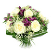 A softly lit studio image reveals a rounded, hand-tied bouquet that seems to float against a pure white background, its colours and textures taking centre stage. At the core, creamy white roses unfurl in generous spirals, at least seven or eight blooms opening with a lush, velvety fullness that speaks of classic romance. Nestled tightly among them, deep purple and rich magenta alstroemeria flowers create dramatic pockets of colour, their trumpet-shaped petals stretching outward and showing subtle freckling along the inner surfaces. Some of these Peruvian lilies are fully open, while others remain in bud, lending the bouquet a sense of unfolding time. Threaded throughout, cloud-like sprigs of white baby's breath scatter tiny blossoms across the arrangement, creating a light, airy veil that softens the strong contrast between the cream roses and the jewel-toned alstroemeria. Interspersed here and there, greenish-white astrantia flowers add a more intricate, wildflower feel, their starry bracts and clustered centres reminiscent of blooms one might encounter on a walk skirting Epping Forest or through the quieter residential streets off the High Road. Around the base, broad, deep green aspidistra leaves are folded and wrapped into a neat collar, their smooth, glossy surfaces catching the light and providing a solid, architectural frame. Below, the stems are clearly visible, evenly cut and bound together in the traditional hand-tied style favoured by local Epping florists, ready to drop into a vase at home. The overall impression is of calm elegance and gentle sophistication, suitable for marking anniversaries, offering sympathy, or simply bringing a sense of peaceful beauty into a living room or hallway.