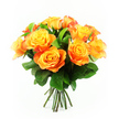 A vivid cluster of orange and yellow roses fills the centre of the image, standing out boldly against a pristine white background that accentuates every nuance of colour and curve. Around a dozen bi-colour blooms have been arranged in a generous dome, their heads tightly grouped so that the viewer is drawn into a sea of petals. At the heart of each rose, a fresh, glowing yellow radiates outward, gradually shifting into warmer tones of apricot, tangerine, and rich amber orange, with occasional touches of red-orange along the ruffled outer rims. This soft gradient of colour calls to mind the sky over Epping just as the sun dips low, turning from bright gold to fiery evening hues. The roses are captured at full bloom, with layered petals that appear plush and velvety, some curling back slightly to reveal gentle shadows within. Between the blossoms, glossy deep green leaves emerge, adding texture and a cool contrast that makes the warm shades appear even more intense. Below, a neat bundle of sturdy green stems is visible, straight and freshly cut, giving the impression of a hand-crafted bouquet ready for same-day delivery across Epping and the surrounding lanes. The bright, even lighting ensures every detail is clear, from the soft veining on each petal to the subtle shine on the foliage. The arrangement exudes cheerfulness and affection, perfect for brightening a home in central Epping, sending a thoughtful thinking of you to a friend near Bell Common, or marking a joyful milestone with flowers that feel as warm and welcoming as a sunny walk through the local countryside.