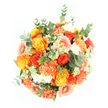From a direct overhead view against a pure white background, this bouquet appears as a glowing circle of warmth, rich in detail and colour. Dominating the arrangement are roses in shades of deep gold, sunshine yellow, bright orange, and bold tangerine, their velvety petals layered in tight spirals that invite the eye to follow each curve. Embracing them are full, ruffled carnations in peach and vibrant orange, clustered so closely that they create a softly textured cushion, reminiscent of gathered silk. Gerbera daisies punctuate the design with their signature flat, radiating petals, mainly in soft peach and light orange hues, some bearing gentle pink centres that add a hint of sweetness. Between these larger, more assertive blooms, fine clusters of tiny white and pale green filler flowers sit like little bursts of light, introducing airiness and subtle intricacy to the dense arrangement. Eucalyptus leaves in a soft, silvery green weave gracefully through the composition, their rounded shapes and muted tone contrasting with brighter green foliage, together providing a cool counterpoint to the bouquet's fiery palette. The even lighting and uncluttered white backdrop highlight every nuance of colour and texture, giving the whole piece a polished yet natural feel, much like a carefully curated bunch you might find in an independent shop off Epping High Street. This bouquet would be perfectly at home as a celebratory centrepiece for a family gathering near Epping Forest or as a heartfelt thank-you gift delivered across the local area. It radiates joy, warmth, and a touch of seasonal festivity, crafted in a way that suggests each stem was chosen with care and local knowledge.
