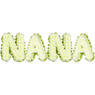 A tactile, gently whimsical rendering of the name NANA appears in three-dimensional, pale lime-green letters set against a clean white background. Each capital character reads as a cluster of tiny, rounded segments-like dewy green pearls, the inside flesh of a cucumber, or the clustered cells of new shoots-giving the surface an inviting, slightly bumpy texture that feels both organic and lovingly handmade. The soft chartreuse tone is cool and bright rather than neon, suggesting freshness, renewal, and a tender, nourishing presence; under soft, even studio light the subtle shadows between the bumps give each letter depth and a plump, almost edible quality. The overall composition is spare and modern, the letters spaced evenly so the word reads clearly and calmly, evoking a gentle, nurturing warmth one might associate with a grandmother's kitchen or a garden at first light. Although not a traditional sympathy spray, this green-textured NANA could sit comfortably in stories about home cooking, wholesome family recipes, or a community food project in Epping, calling to mind baskets of produce from the Epping market or quiet afternoons near Epping Forest. The visual impression balances playfulness and tenderness: tactile, fresh, and quietly affectionate. As a floral studio description it communicates material, colour, and mood without embellishment-soft light, natural texture, and a comforting, earthy personality that speaks of generations, nourishment, and the green calm of nearby parks and lanes around Bell Common and the High Street.