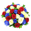 A rich, dome-shaped bouquet of roses in bold red, pure white, and striking cobalt blue is captured in crisp detail against a bright white background, making the colours appear almost luminous. Around three dozen roses are packed closely together, each bloom fully open with soft, velvety petals that twist gently outward, creating a luxurious, textured surface. The crimson roses add depth and intensity, the white roses provide a cool brightness, and the blue roses introduce a vivid, patriotic accent that feels perfect for celebrations and remembrance events held around Epping, from local gatherings near the station to family parties at home. Dark, glossy green leaves are interwoven between the blooms, glimpsed here and there like subtle brushstrokes that frame and support the flowers without disturbing the clean, tricolour rhythm. The design is meticulously arranged so that all three colours are evenly distributed, giving the bouquet a sense of order and harmony, as though carefully planned to echo a flag in floral form. Soft, even studio lighting highlights the freshness of the petals and the healthy sheen of the foliage, suggesting flowers that have just been prepared for swift delivery through the streets of Epping. The bouquet conveys a blend of pride, unity, and celebration, making it an ideal floral expression for national holidays, commemorative services, or any occasion that calls for a distinguished red, white, and blue statement.