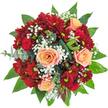 Bathed in muted morning light, this bouquet brims with both warmth and polished elegance-a signature touch that Epping locals recognize from their trusted neighborhood florists. At the core, soft apricot-peach roses bloom luxuriously, their shell-like petals unfolding with delicate pink veining, surrounded by clusters of deep red roses that lend a suave intensity akin to a glass of local Essex wine. Rich red spray chrysanthemums ring the arrangement, each bloom a cascade of tiny, dense petals circling pale green centers, imbuing a plush, layered texture. Floating above, fine sprays of white gypsophila mimic a gentle flurry, softening the bouquet's dramatic palette and recalling light spring snow drifting over Epping's commons. The bouquet is handsomely enclosed by dark, gleaming leaves-salal and camellia-interspersed with cool eucalyptus and artfully folded ti foliage, lending modern structure and subtle movement. Occasional hints of textured seed pods allude to wildflowers found along the local footpaths. When inhaled, one can imagine the bouquet's aroma-a subtle melody of rose sweetness, crisp greenery, and eucalyptus. This lush arrangement embodies affectionate celebration, equally at home gracing a birthday table, marking an anniversary, or arriving as a heartfelt surprise anywhere in Epping or along the historic lanes that weave through town.