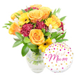 A joyful, gift-ready bouquet captured against a clean white backdrop, composed to feel like a warm hug from a local florist in Epping. The arrangement centers on full, peachy-orange and bright yellow roses whose gently unfurling petals catch a soft, diffused light; they smell faintly of warm honey and fresh garden mornings. Scattered among them are sunny yellow gerbera daisies with dark, almost black centers that read like little suns, while deep burgundy carnations add a velvety, ruffled counterpoint and a sense of depth. Slim white alstroemeria (Peruvian lilies) with delicate speckling thread through the composition, offering a lighter, almost lace-like texture that lifts the palette. A generous cloud of glossy green foliage-broad leaves and slender sprigs-frames the blooms and gives the bouquet a lush, collected-from-the-garden feel. The stems are neatly gathered in a clear glass vase; the water line and intersecting stems are visible, reinforcing the freshness and careful craftsmanship of the arrangement.

To the lower right, slightly overlapping the vase, a round white Mylar balloon adds a playful, celebratory note. It's dotted with scattered gold and vivid pink polka dots and tiny hearts, and bears the handwritten-style message best Mum in lively hot-pink script, making the set unmistakably intended for a mother's special day. The overall mood is bright, affectionate, and artisanal-the kind of floral gift you might choose after a stroll through Epping High Street or a quiet visit to Epping Forest, intended to make a mother smile and to fill a kitchen table with colour and warmth.
