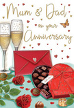 Atmospheric anniversary card illustration depicting a romantic tabletop scene, rendered with the warmth and care you might associate with a long-married couple celebrating in Epping. Two tall champagne flutes rise from the centre, their slender stems and clear glass beautifully drawn, with golden sparkling wine inside and fine bubbles climbing in delicate trails that suggest a joyful toast to shared years. Nestled nearby, a deep red, heart-shaped box of chocolates sits invitingly open, revealing a carefully arranged selection of round, glossy truffles, each shaded to look luxuriously smooth. A generous red satin bow curls over the box, its soft loops adding a sense of occasion. In the foreground, two lush red roses lie across the surface, their velvety petals layered and full, with rich green leaves spreading beneath them, reminiscent of the premium roses we handpick at Flowers Epping for anniversary deliveries around Coopersale and Theydon Bois. A few individual chocolates and small hearts in crimson and gold are scattered around, creating a playful yet refined atmosphere. To one side, a vivid scarlet envelope rests sealed, suggesting a heartfelt handwritten note waiting to be opened. Above the arrangement, the words Mum & Dad appear in a flowing, hand-lettered style, surrounded by tiny golden and red hearts that float against a soft, neutral backdrop. The lighting feels warm and gentle, as though cast by evening lamps in a family home, capturing the tenderness, nostalgia, and quiet joy of celebrating another year of love together.